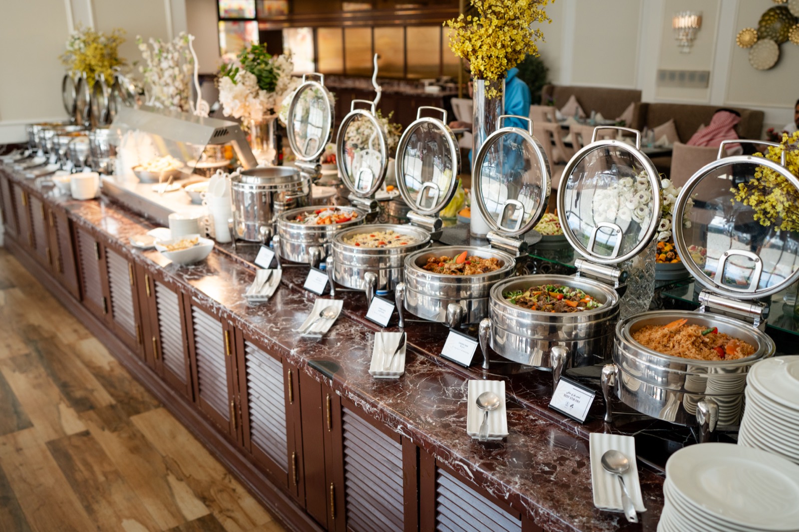 The breakfast buffet laid the length of the restaurant counter
