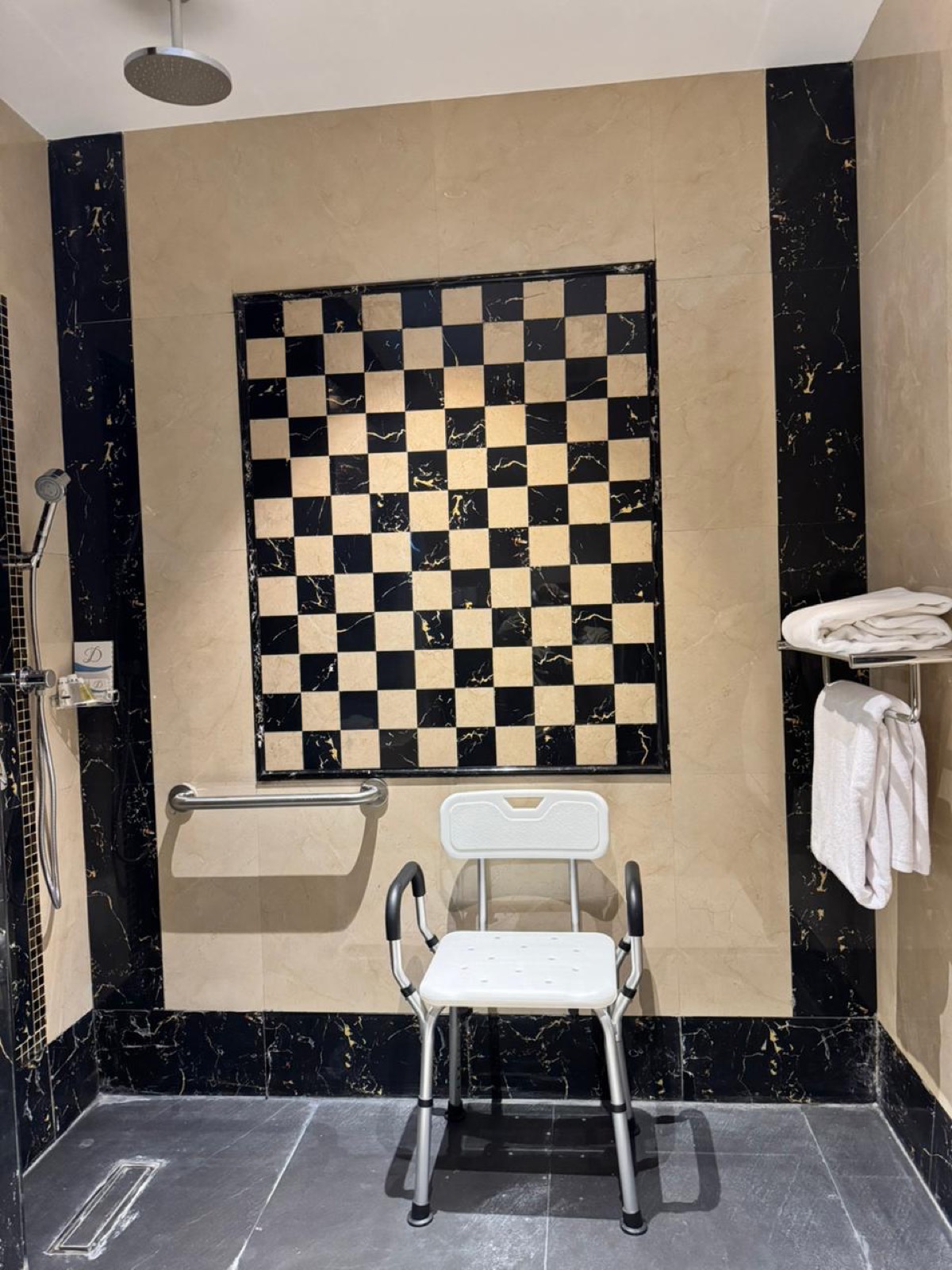 The roll-in shower, with a grab rail, handheld spray and a shower seat
